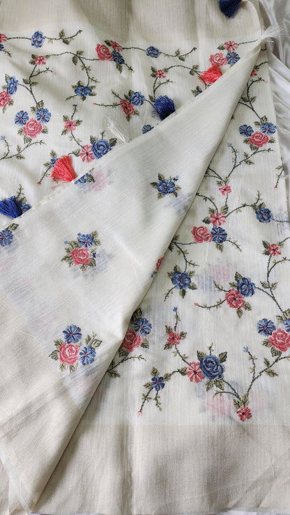 Semi Jute silk saree with cross- stitch embroidery |Off-white| TU1