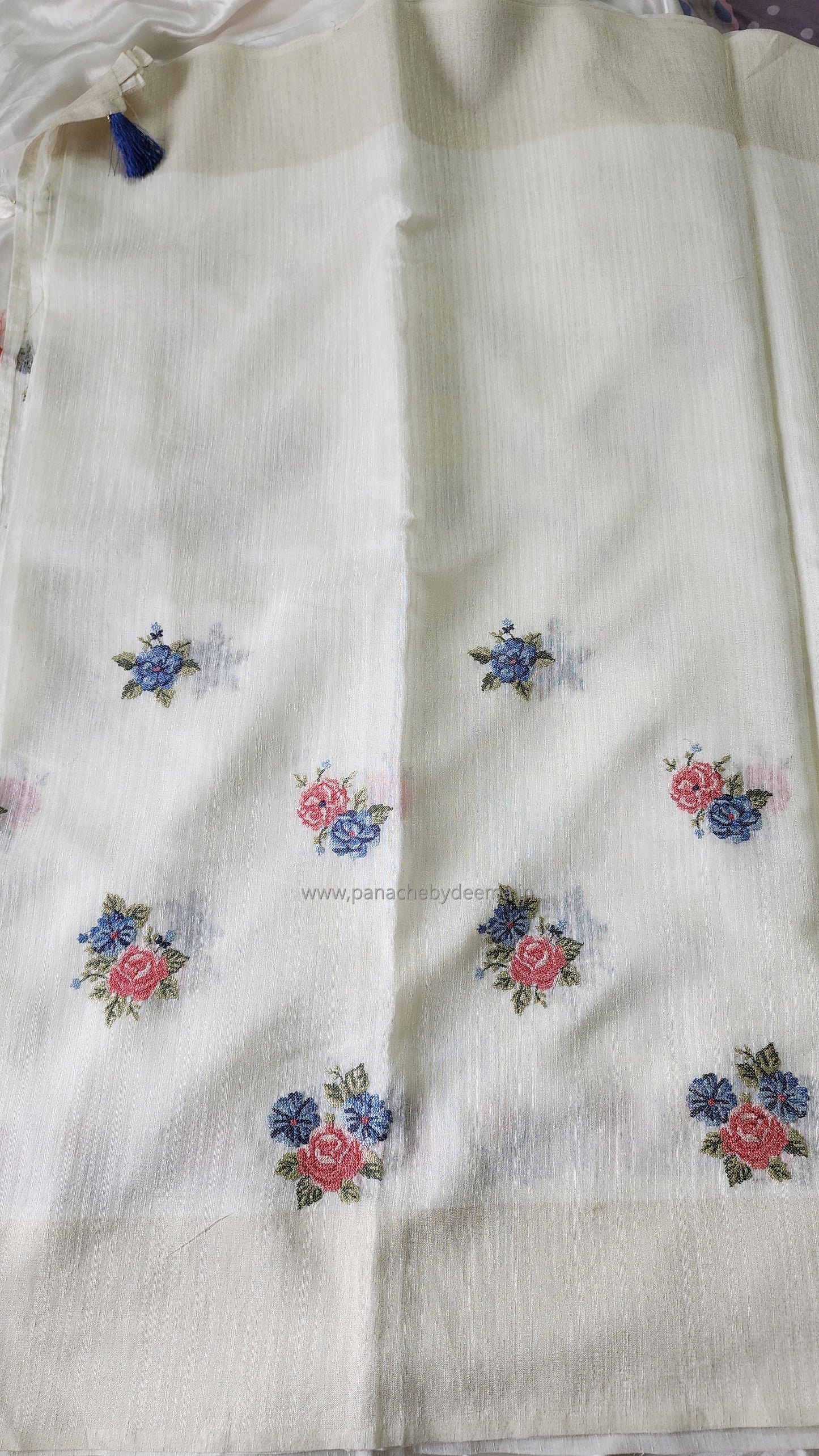 Semi Jute silk saree with cross- stitch embroidery |Off-white| TU1