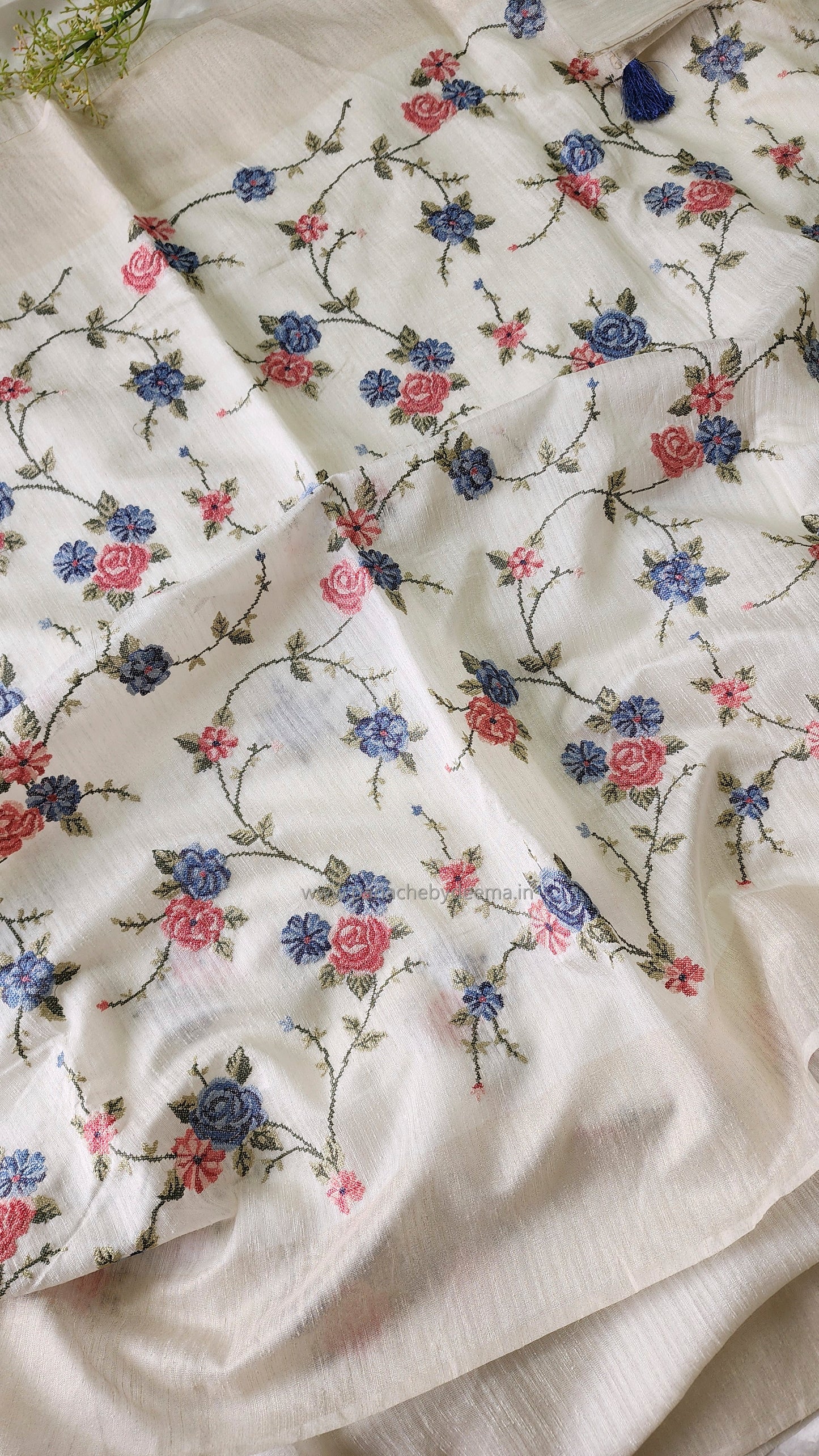 Semi Jute silk saree with cross- stitch embroidery |Off-white| TU1