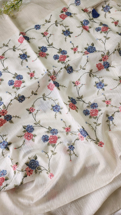 Semi Jute silk saree with cross- stitch embroidery |Off-white| TU1