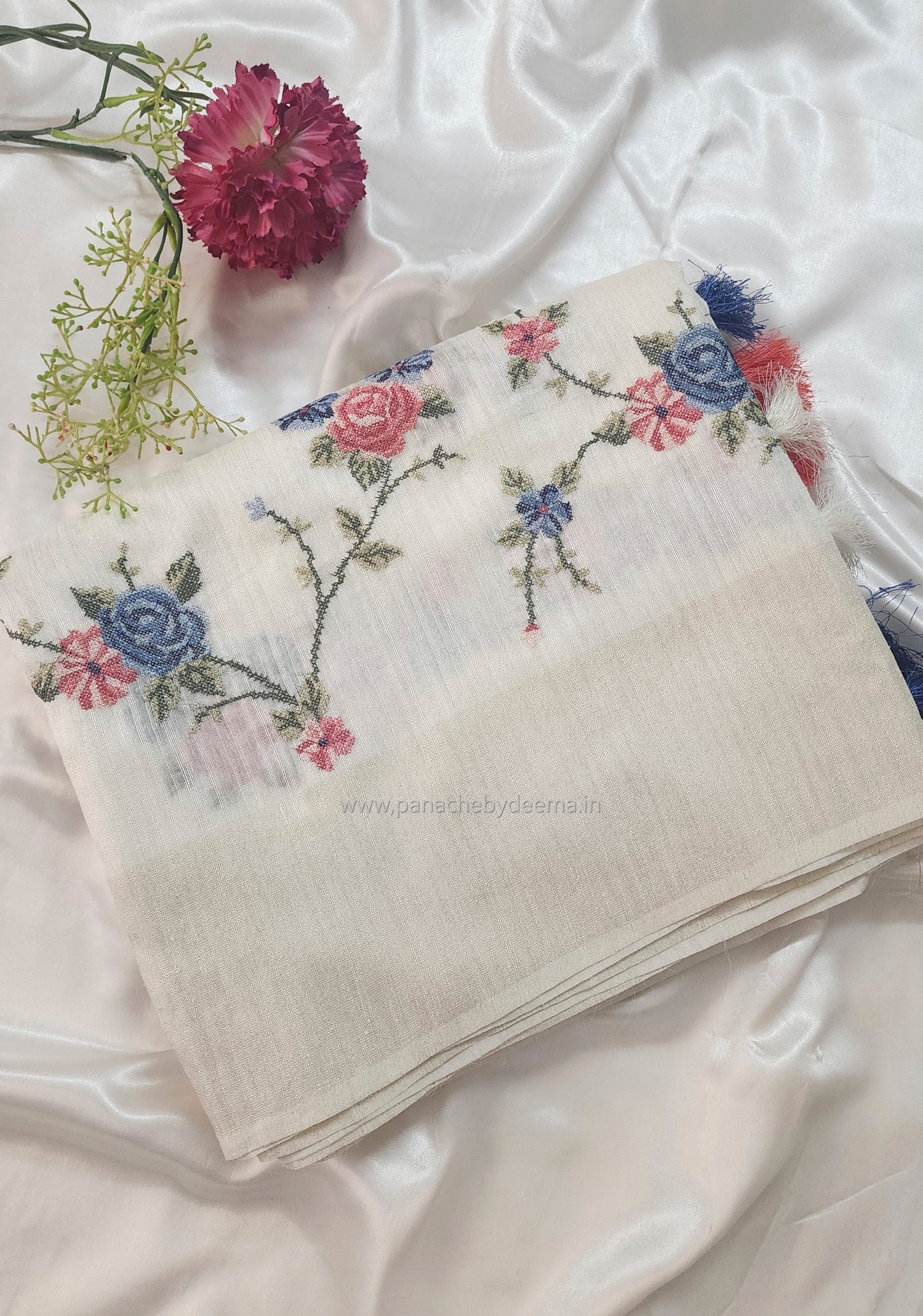 Semi Jute silk saree with cross- stitch embroidery |Off-white| TU1