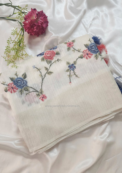 Semi Jute silk saree with cross- stitch embroidery |Off-white| TU1