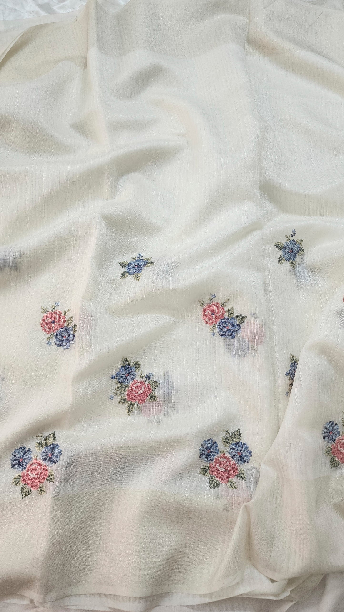 Semi Jute silk saree with cross- stitch embroidery |Off-white| TU1