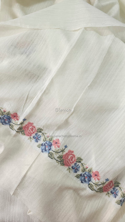 Semi Jute silk saree with cross- stitch embroidery |Off-white| TU1