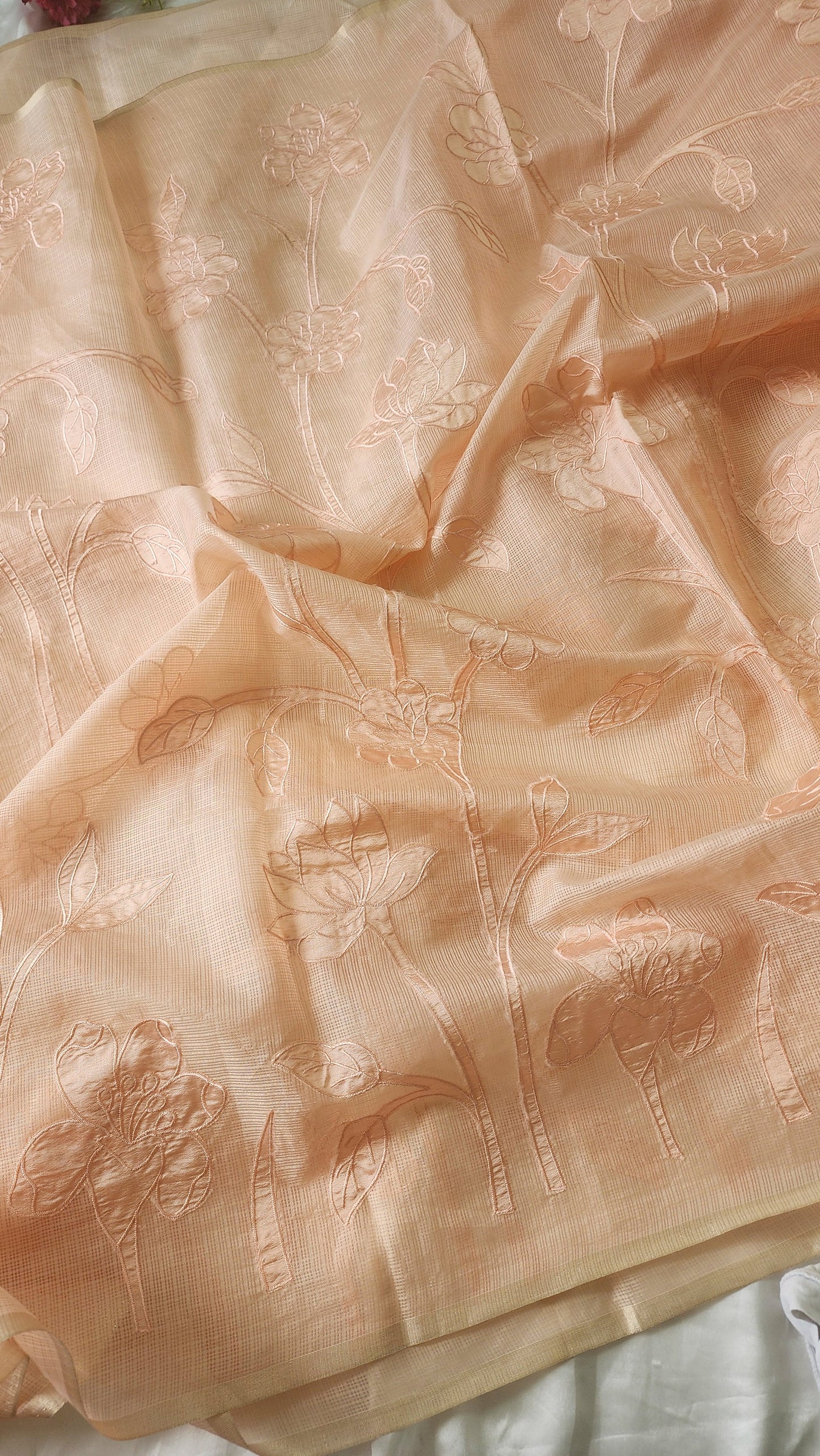 Silky Kota saree with tissue applique | Peach| KAP9