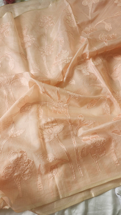 Silky Kota saree with tissue applique | Peach| KAP9