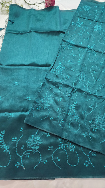 Semi matka silk saree with embroidery | Peacock green | A4