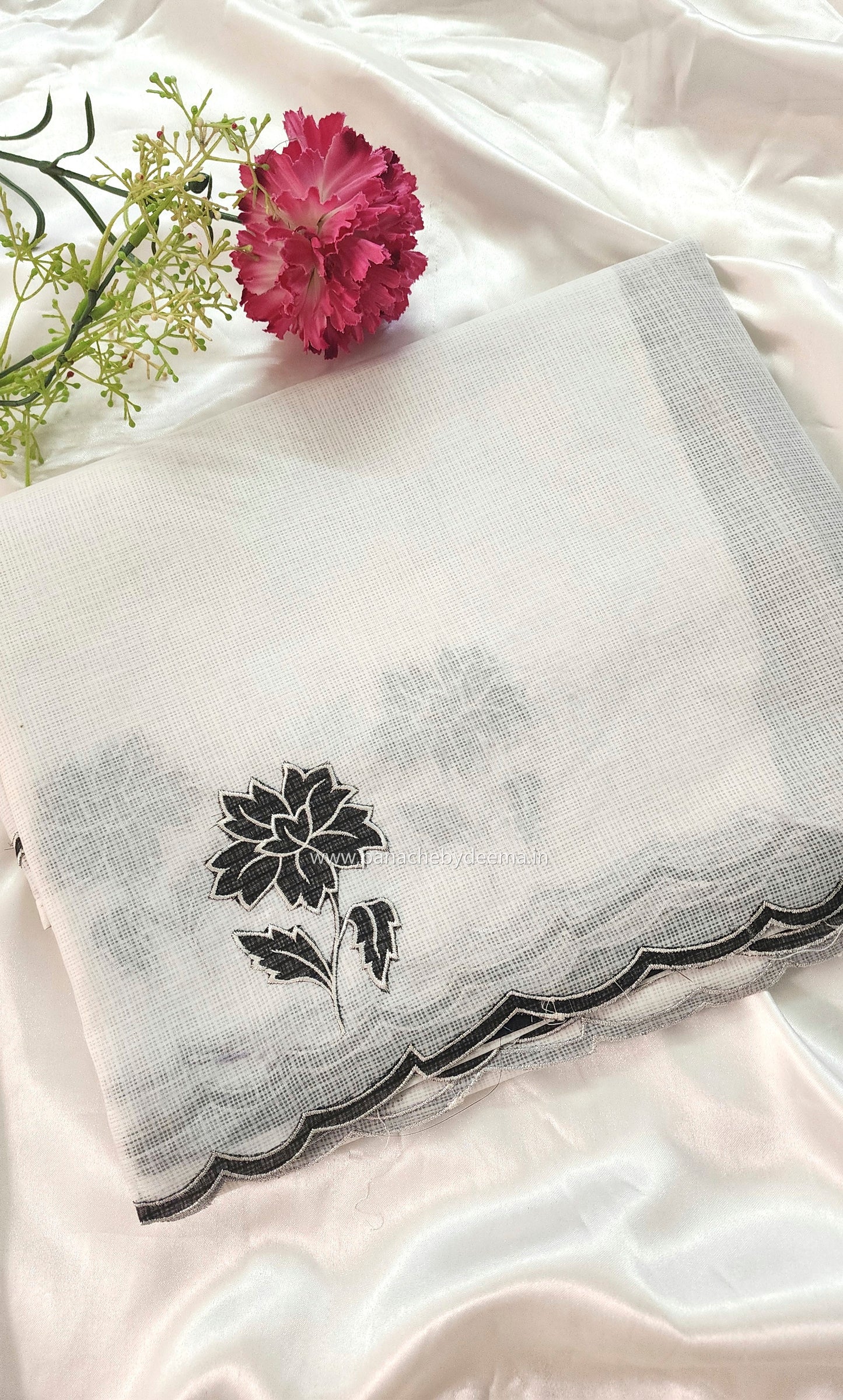 White silky Kota saree with beautiful black floral applique work |White|KB1