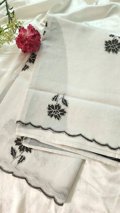 White silky Kota saree with beautiful black floral applique work |White|KB1