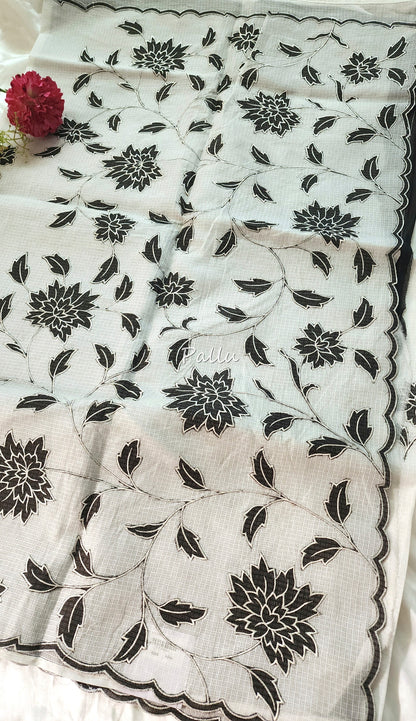 White silky Kota saree with beautiful black floral applique work |White|KB1