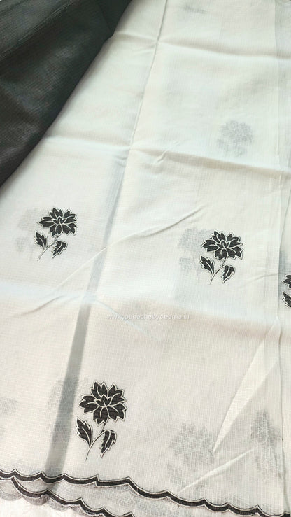 White silky Kota saree with beautiful black floral applique work |White|KB1