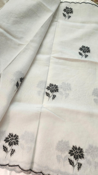 White silky Kota saree with beautiful black floral applique work |White|KB1