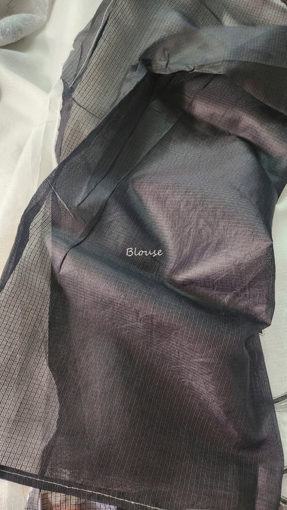 White silky Kota saree with beautiful black floral applique work |White|KB1