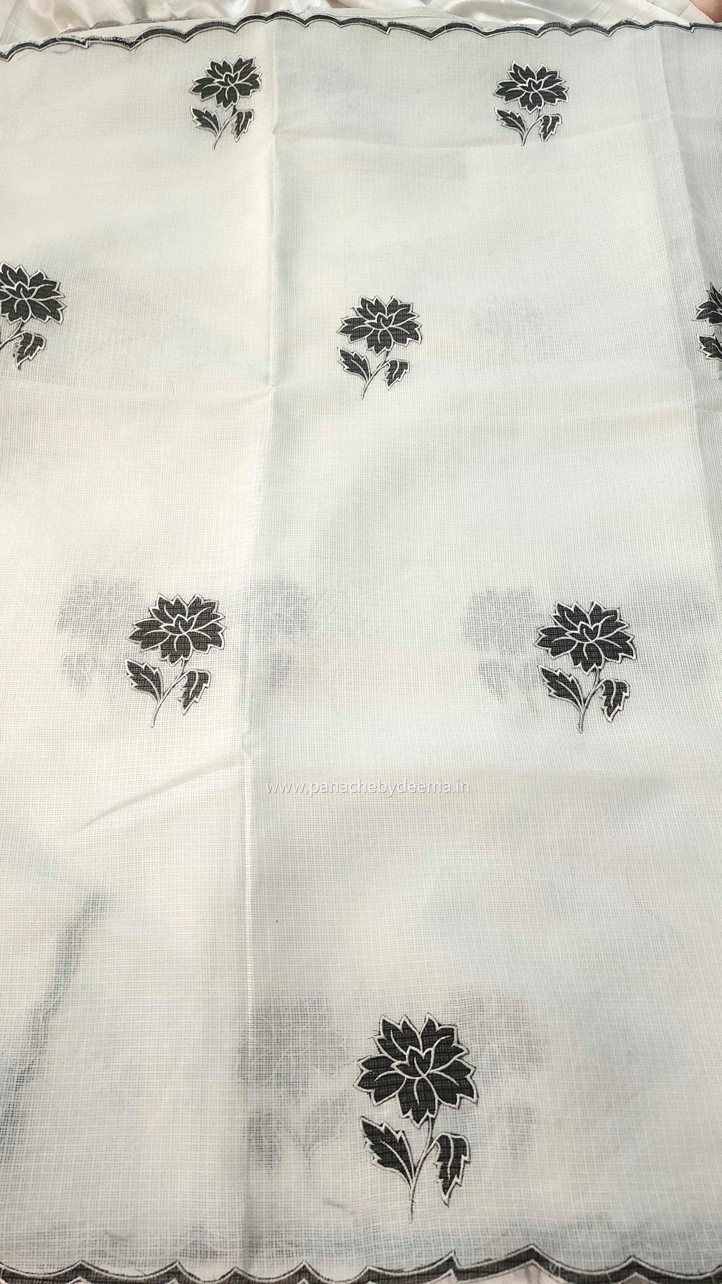 White silky Kota saree with beautiful black floral applique work |White|KB1