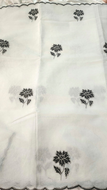 White silky Kota saree with beautiful black floral applique work |White|KB1