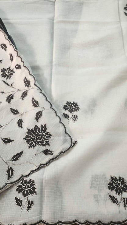 White silky Kota saree with beautiful black floral applique work |White|KB1