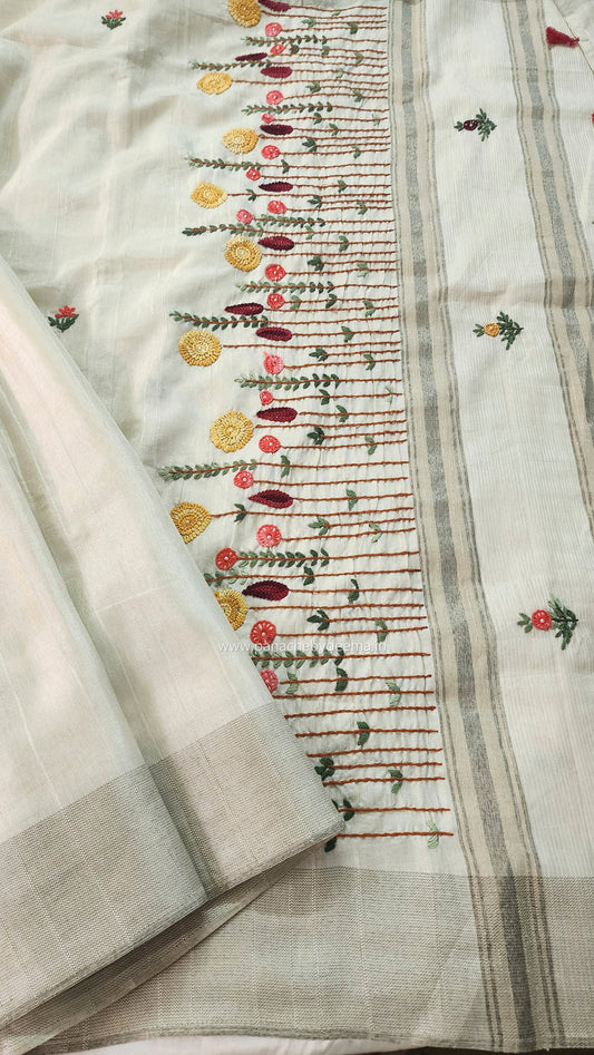 Semi tussar with hand embroidery | Off- white | HE1