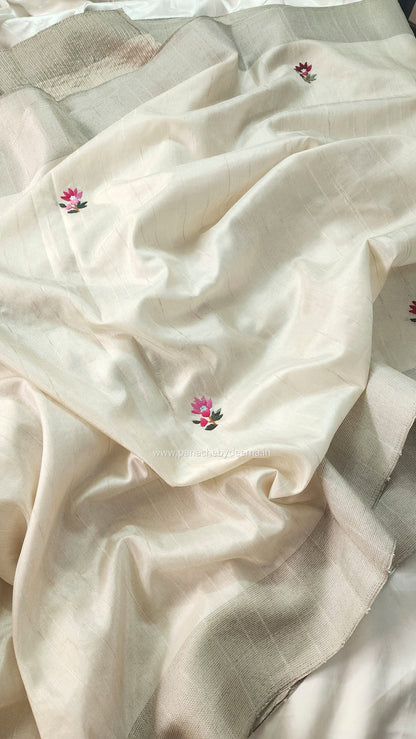 Semi tussar with hand embroidery | Off- white | HE2