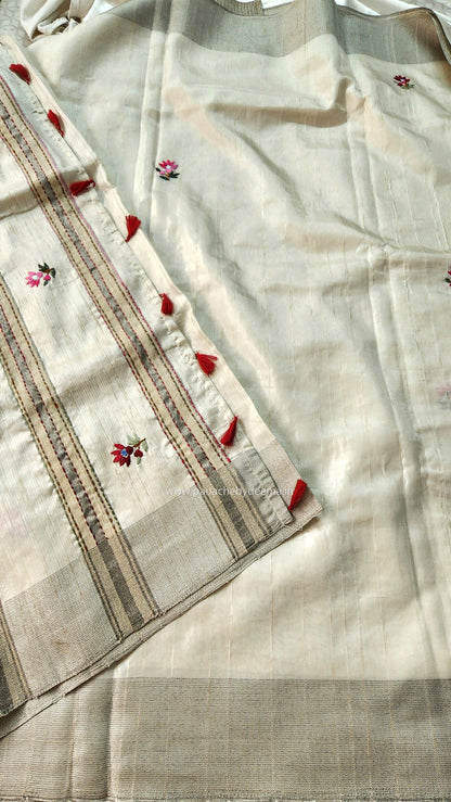 Semi tussar with hand embroidery | Off- white | HE2