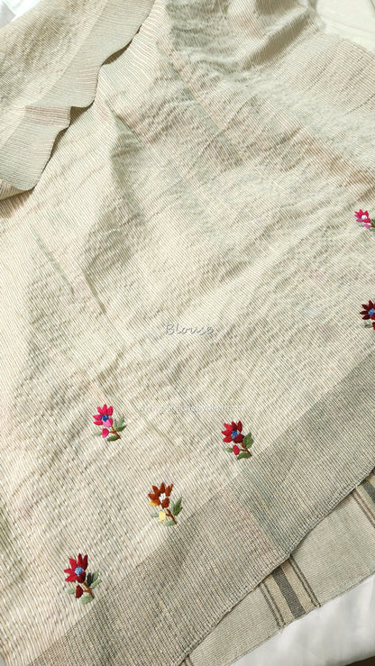 Semi tussar with hand embroidery | Off- white | HE2