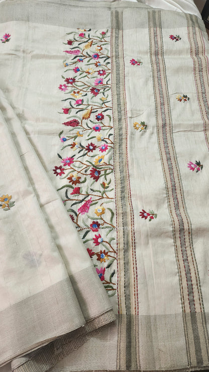 Semi tussar with hand embroidery | Off- white | HE2