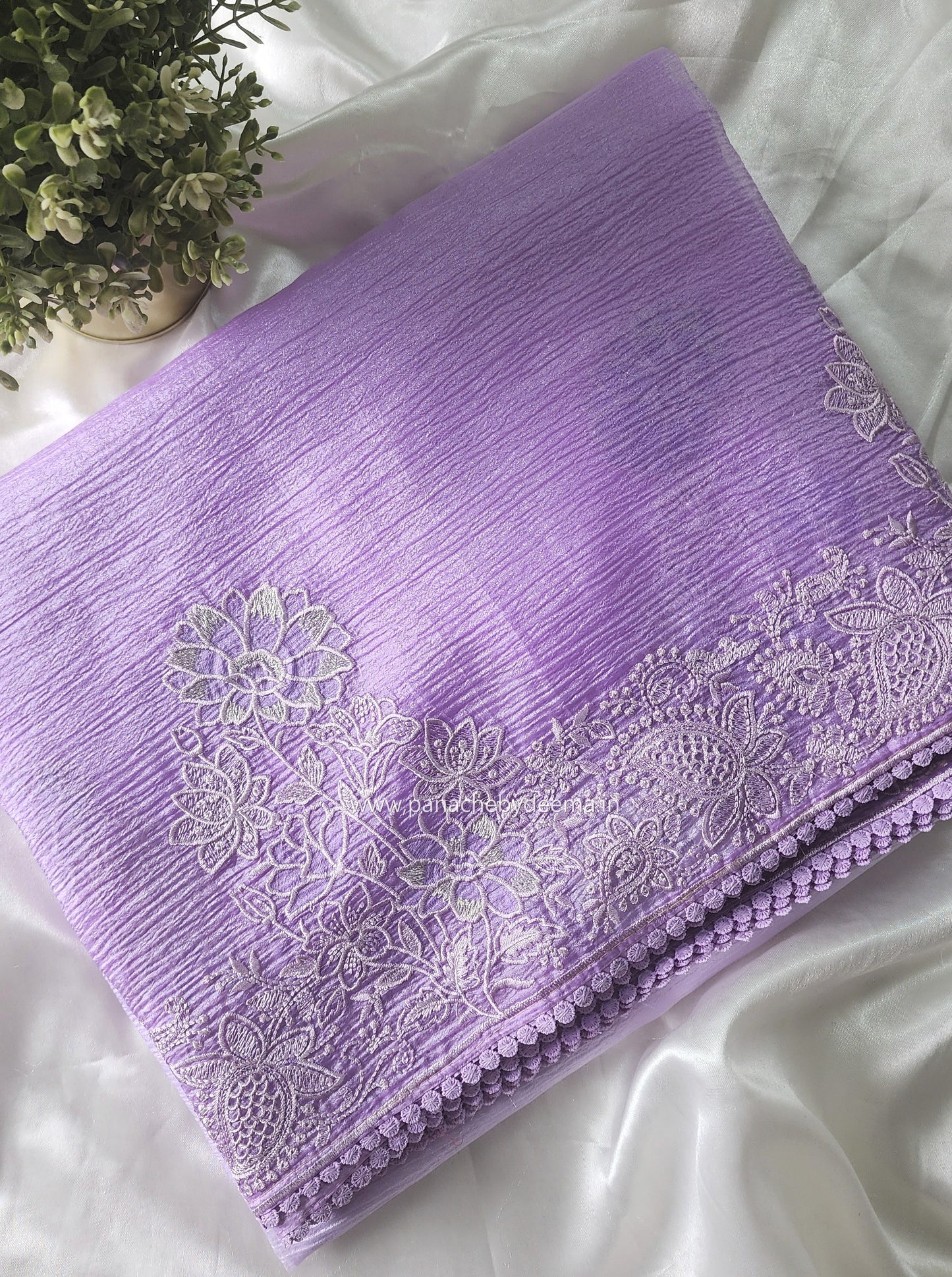 Lavender ombre crushed-tissue saree embroidery and lace edges | OM1