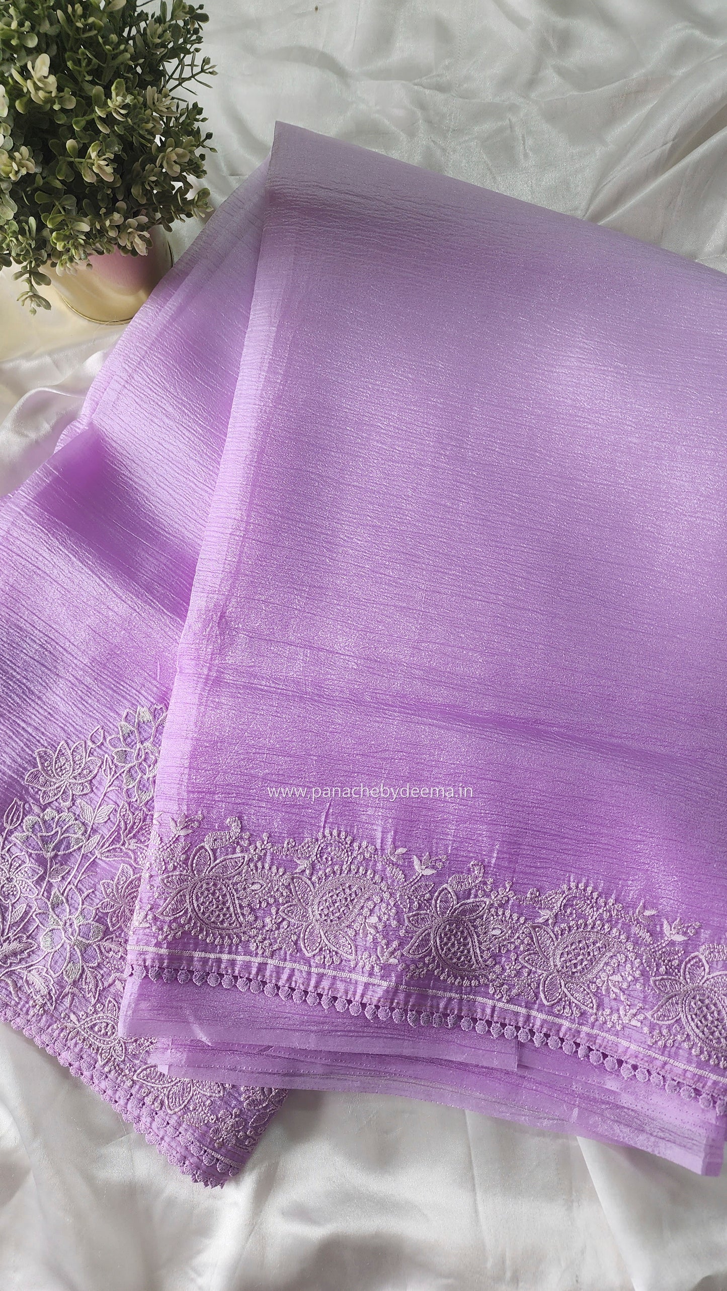 Lavender ombre crushed-tissue saree embroidery and lace edges | OM1