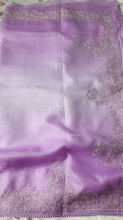 Lavender ombre crushed-tissue saree embroidery and lace edges | OM1