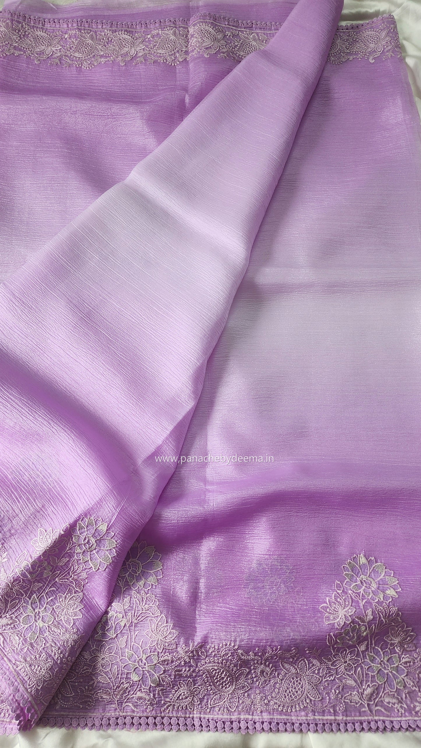 Lavender ombre crushed-tissue saree embroidery and lace edges | OM1