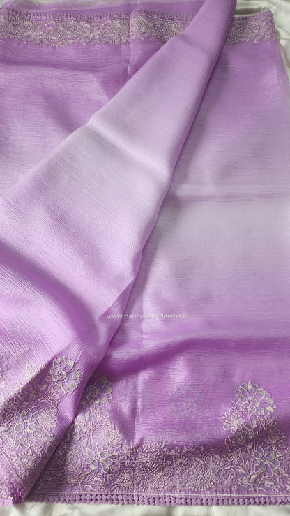 Lavender ombre crushed-tissue saree embroidery and lace edges | OM1