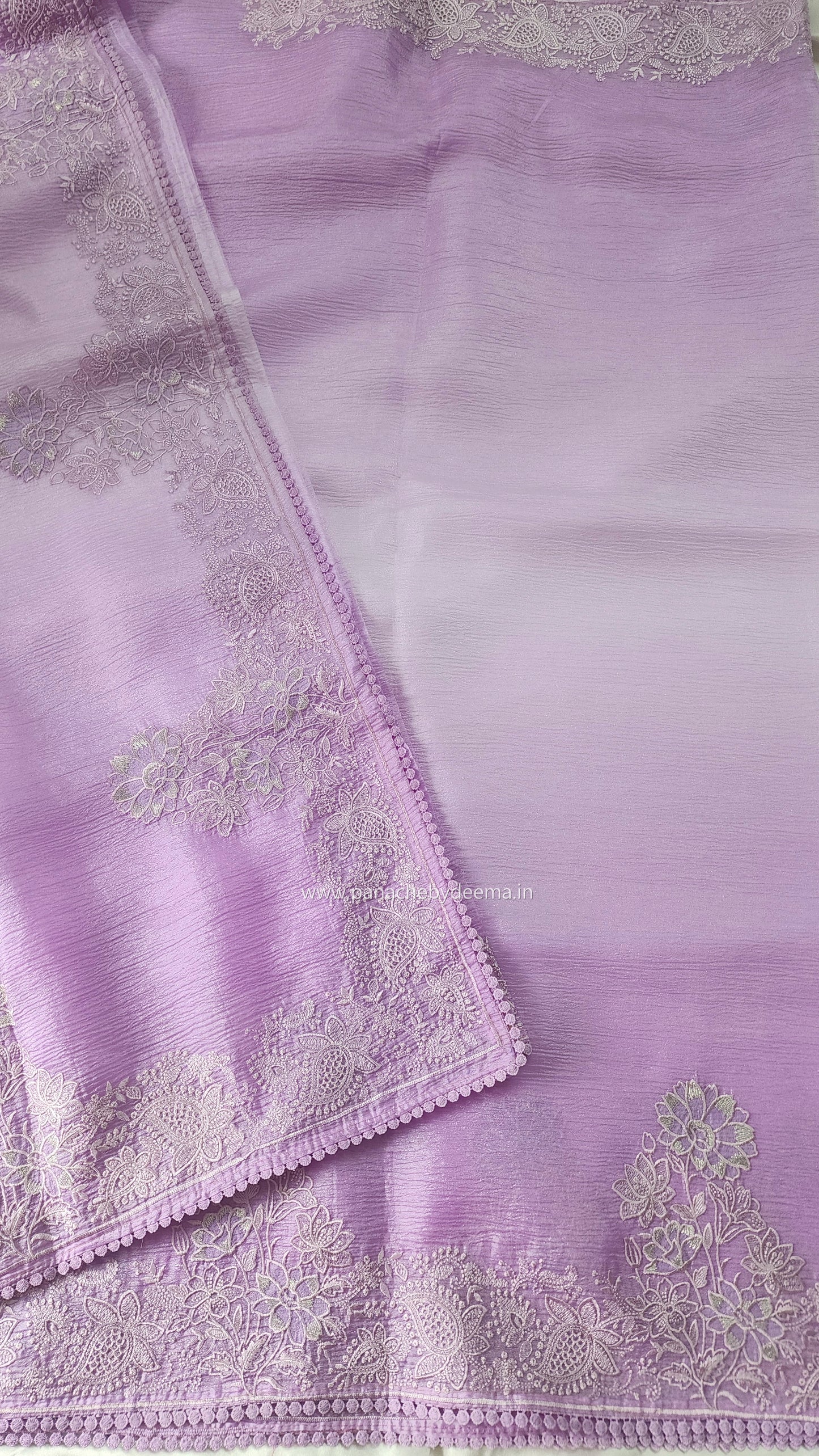 Lavender ombre crushed-tissue saree embroidery and lace edges | OM1