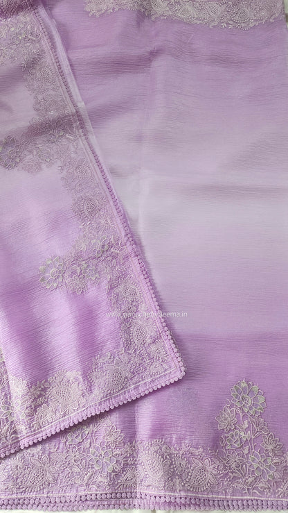 Lavender ombre crushed-tissue saree embroidery and lace edges | OM1