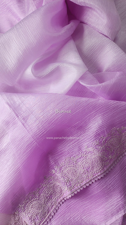 Lavender ombre crushed-tissue saree embroidery and lace edges | OM1