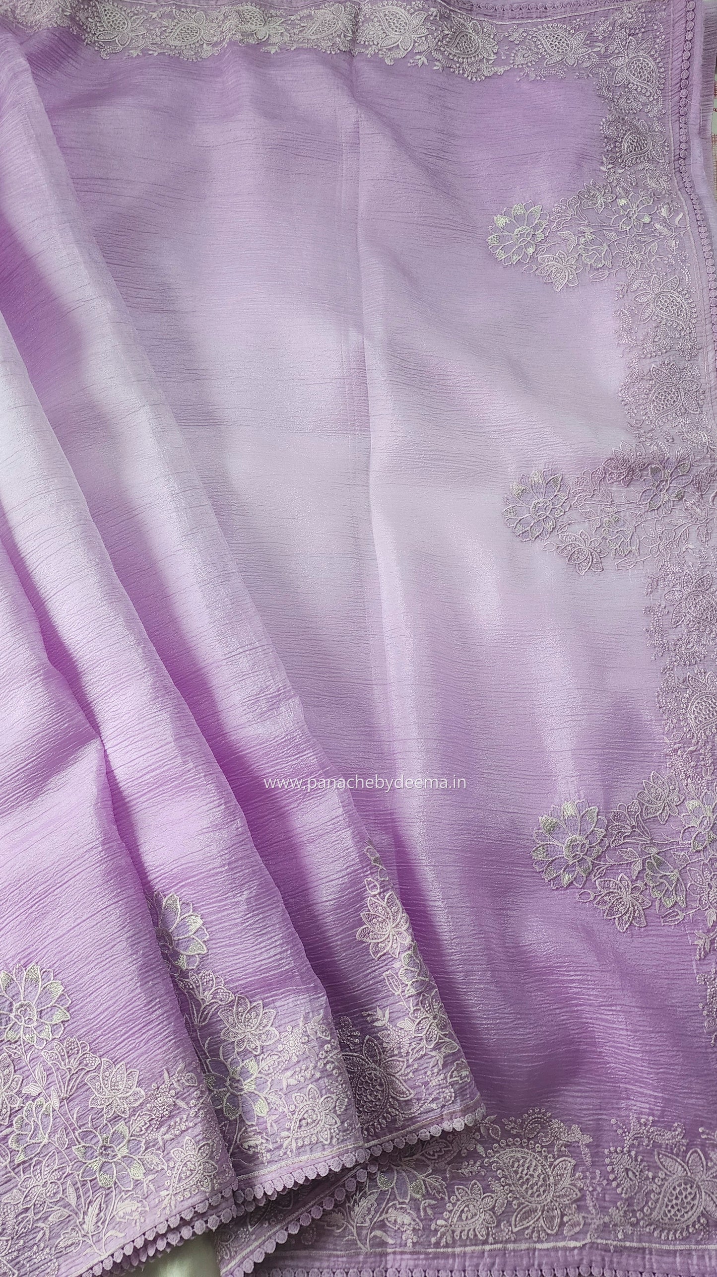 Lavender ombre crushed-tissue saree embroidery and lace edges | OM1