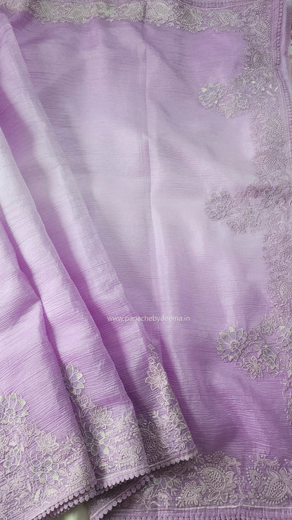 Lavender ombre crushed-tissue saree embroidery and lace edges | OM1