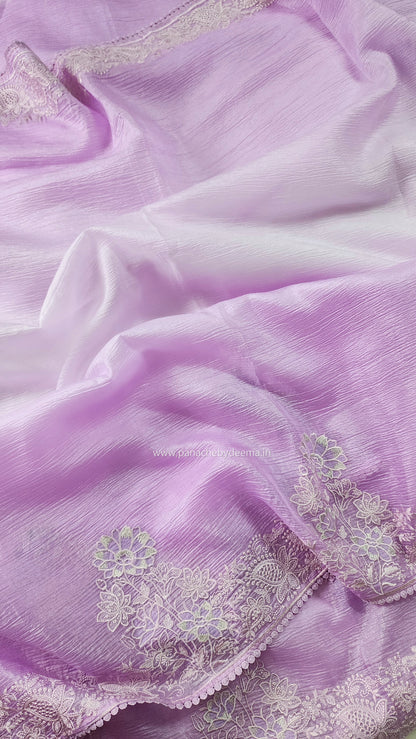 Lavender ombre crushed-tissue saree embroidery and lace edges | OM1