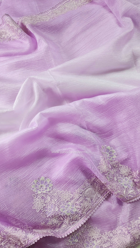 Lavender ombre crushed-tissue saree embroidery and lace edges | OM1