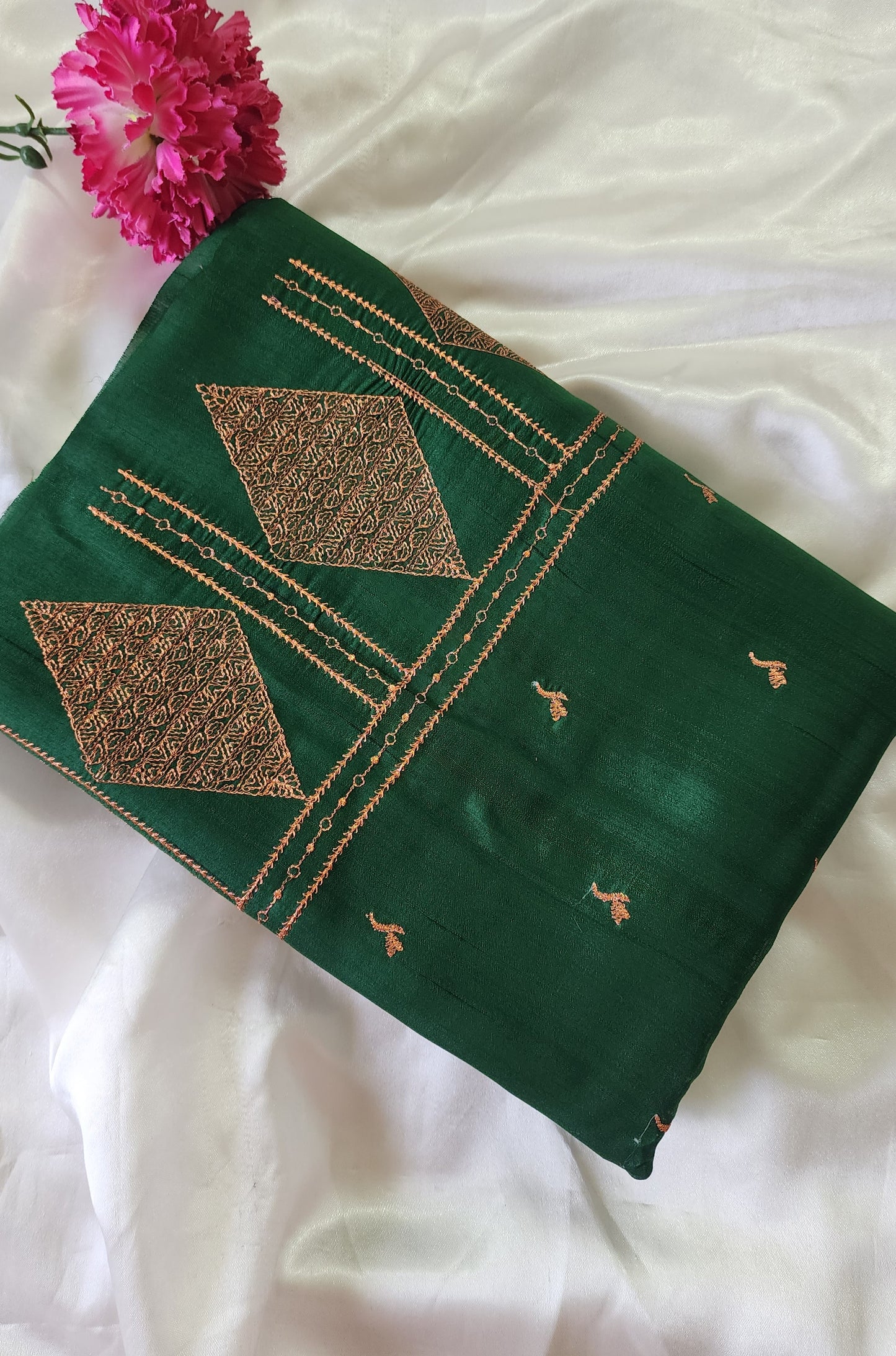 Look festive ready in this premium semi raw silk designer saree with beautiful copper zari embroidery | Bottle Green | P17