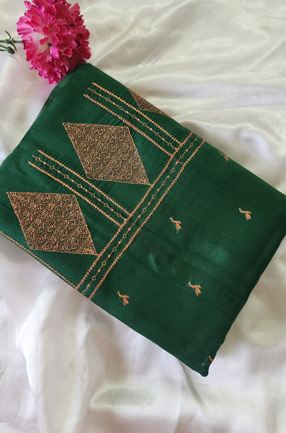 Look festive ready in this premium semi raw silk designer saree with beautiful copper zari embroidery | Bottle Green | P17