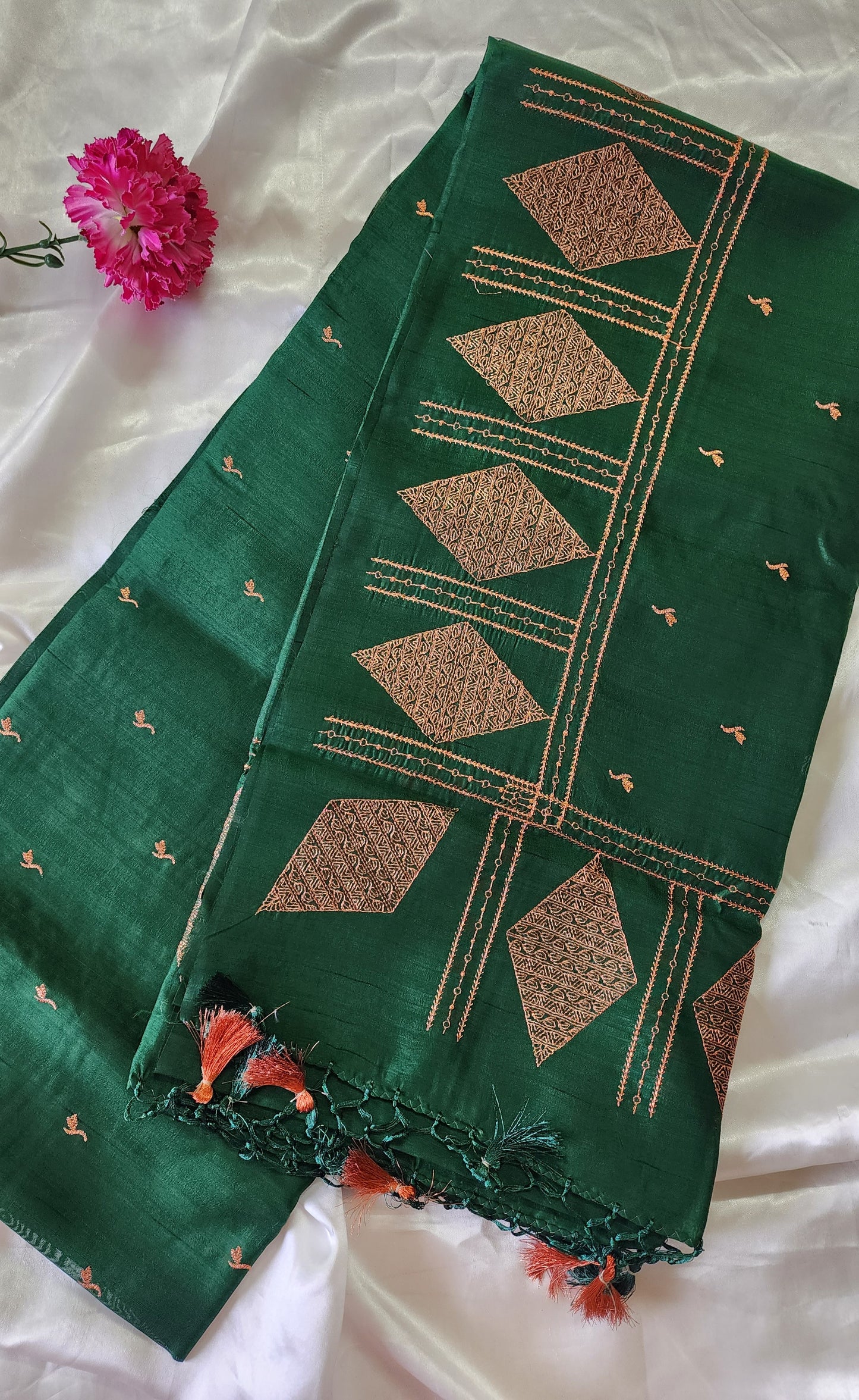 Look festive ready in this premium semi raw silk designer saree with beautiful copper zari embroidery | Bottle Green | P17
