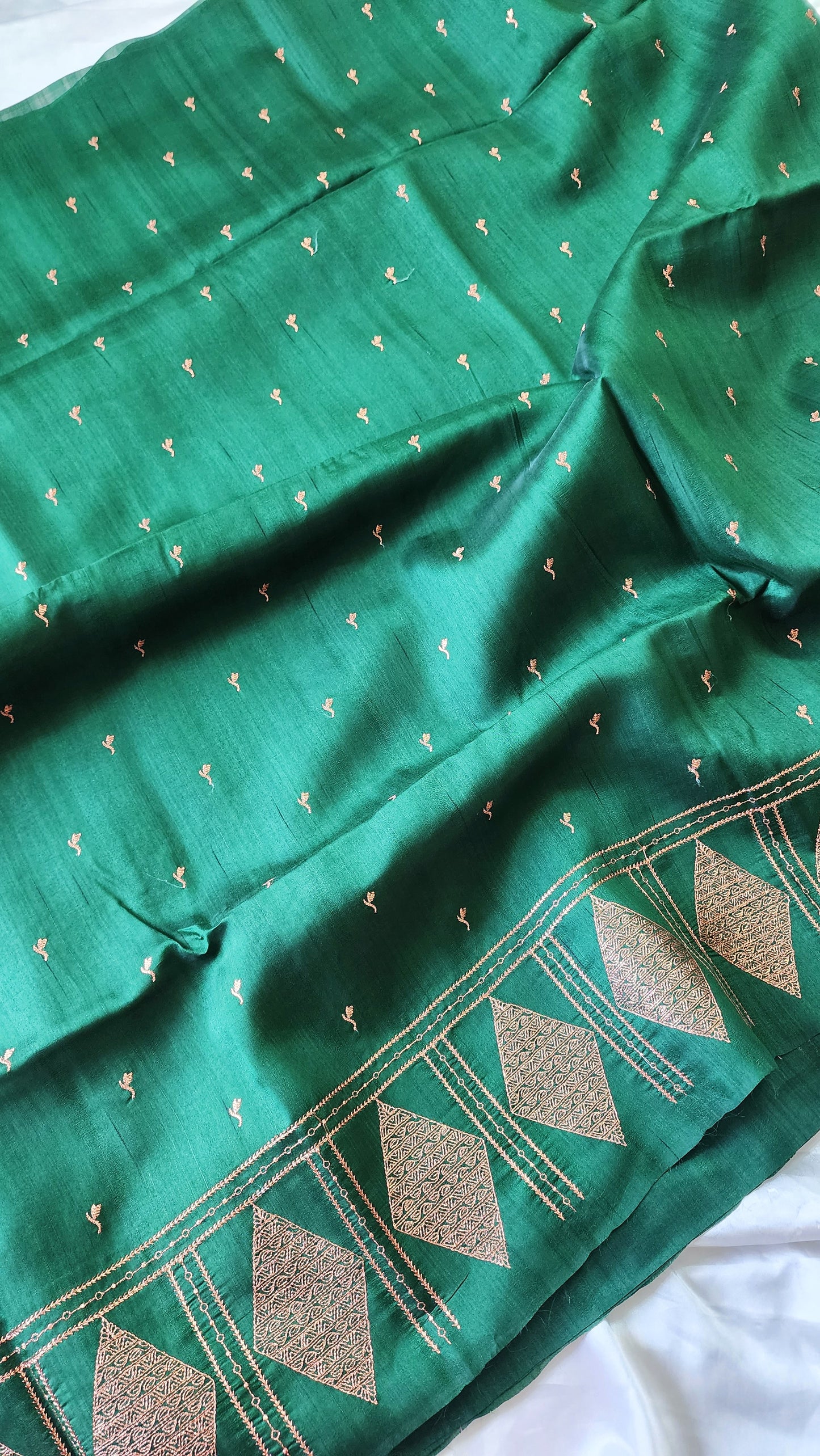 Look festive ready in this premium semi raw silk designer saree with beautiful copper zari embroidery | Bottle Green | P17