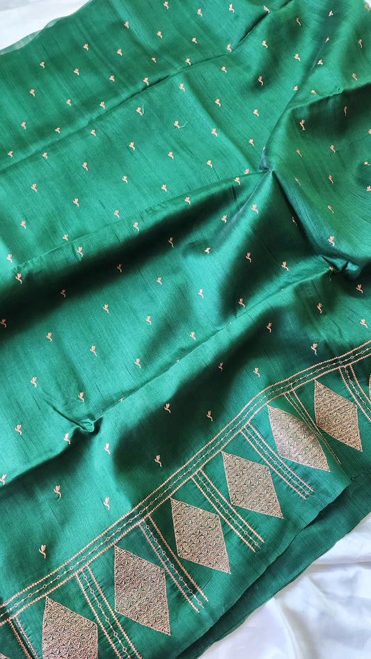 Look festive ready in this premium semi raw silk designer saree with beautiful copper zari embroidery | Bottle Green | P17