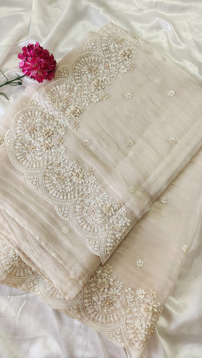 Tissue Organza saree with 3D applique work and embroidery |Champaigne gold | GL8