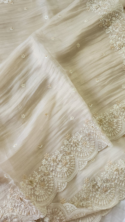 Tissue Organza saree with 3D applique work and embroidery |Champaigne gold | GL8