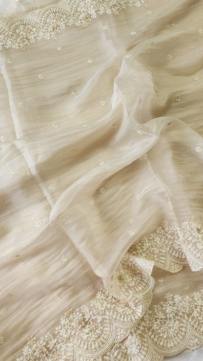 Tissue Organza saree with 3D applique work and embroidery |Champaigne gold | GL8