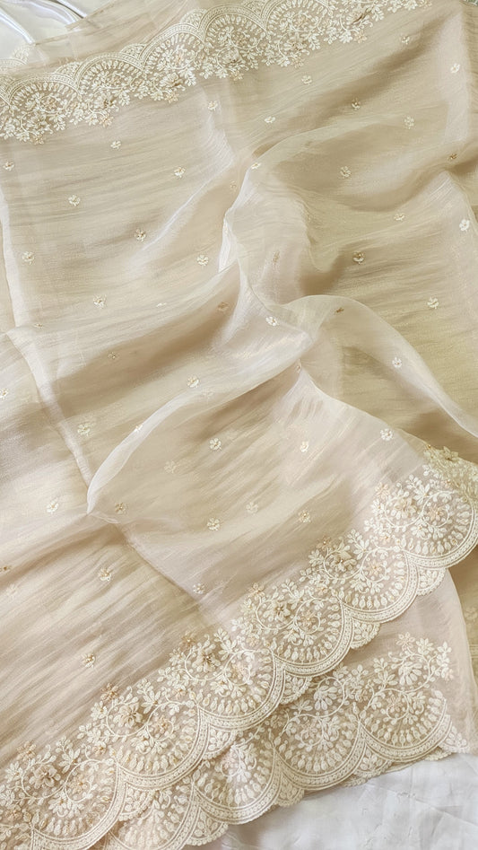 Tissue Organza saree with 3D applique work and embroidery |Champaigne gold | GL8