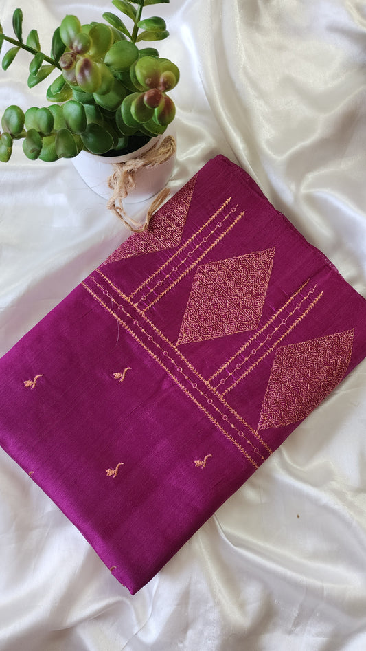 Look festive ready in this premium semi raw silk designer saree with beautiful copper zari embroidery | Magenta | P16