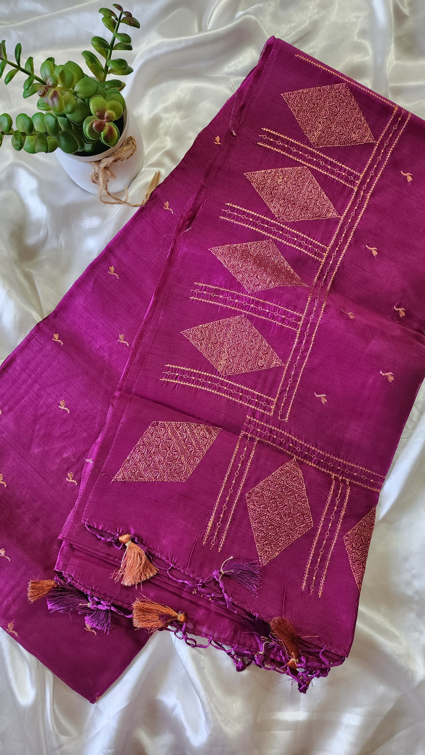 Look festive ready in this premium semi raw silk designer saree with beautiful copper zari embroidery | Magenta | P16