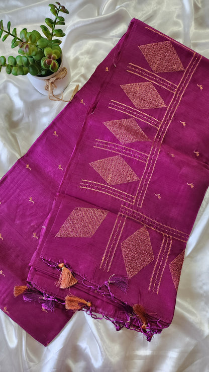 Look festive ready in this premium semi raw silk designer saree with beautiful copper zari embroidery | Magenta | P16