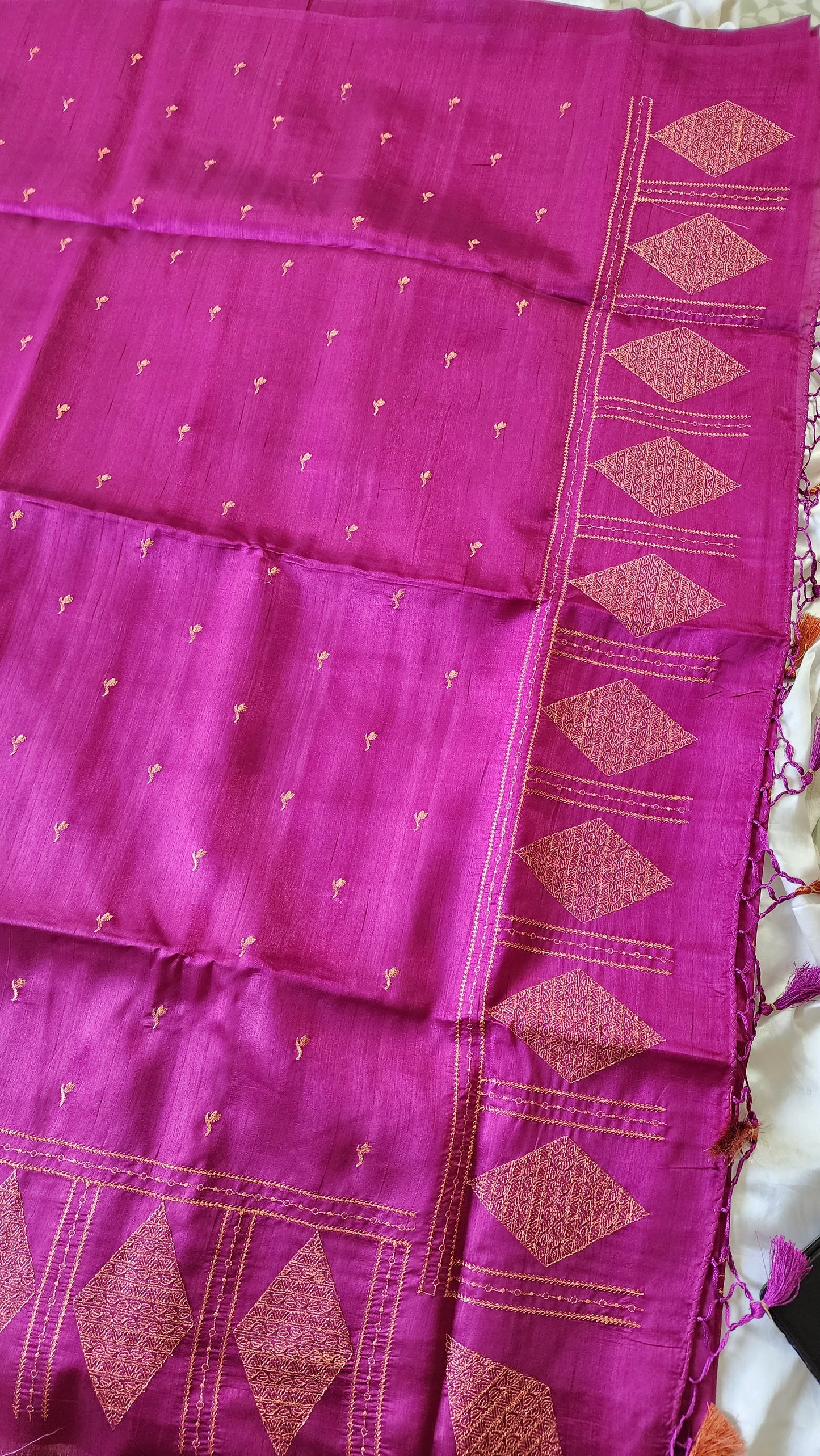 Look festive ready in this premium semi raw silk designer saree with beautiful copper zari embroidery | Magenta | P16